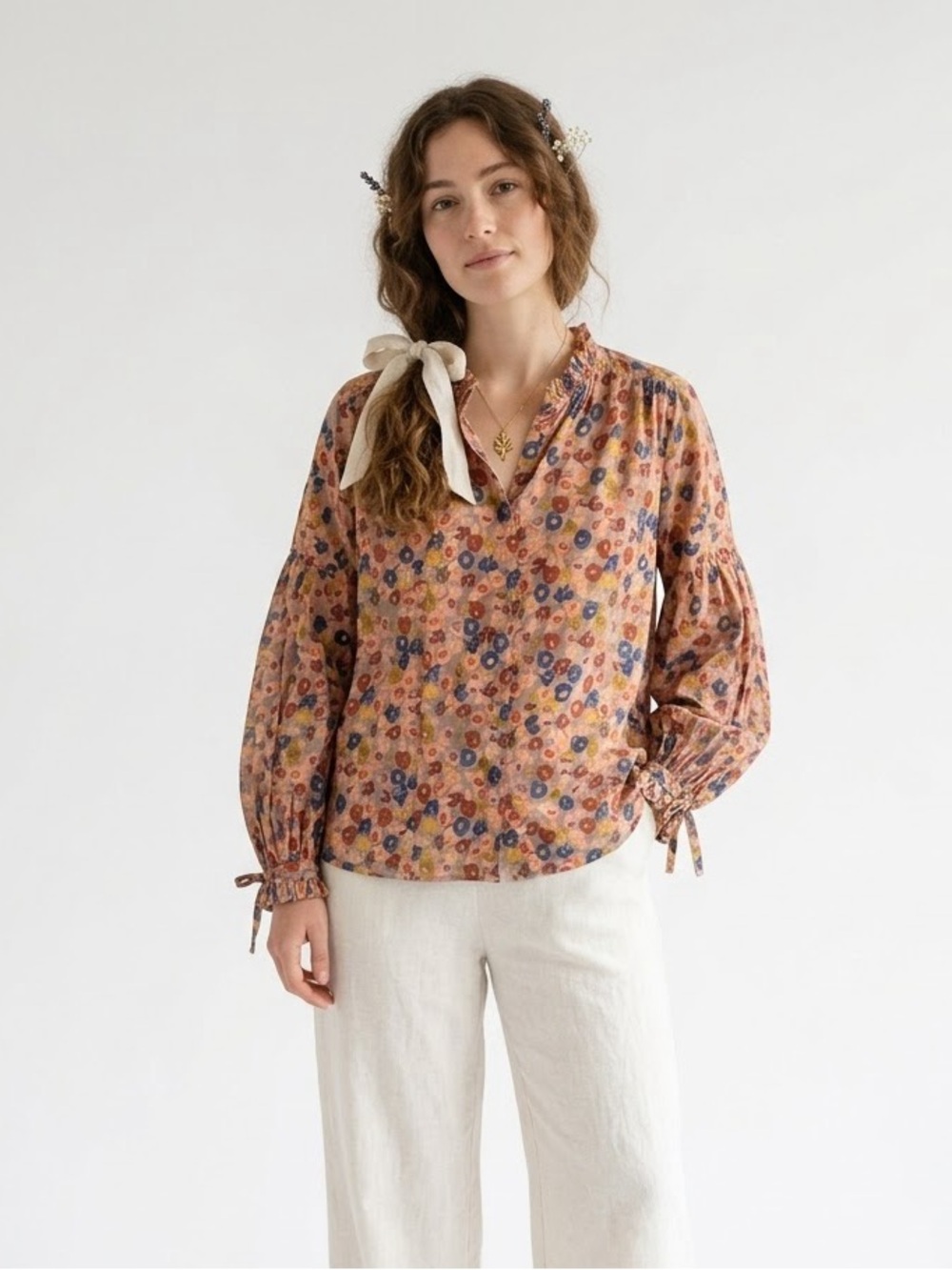 Sundance XL Floral Ruffle Neck Tie Cuff Blouse Cottagecore Boho